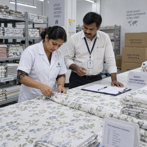 Indian inspector checking bedsheet quality in a home textile factory