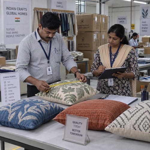 Indian quality inspector measuring cushion during home textile inspection