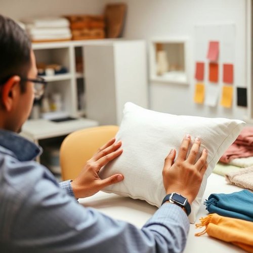 Indian home textile quality inspector checking cushion workmanship