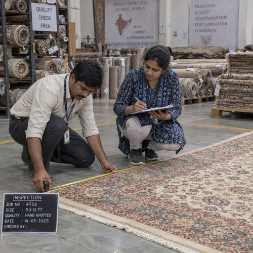 Indian inspectors measuring a rug during quality inspection
