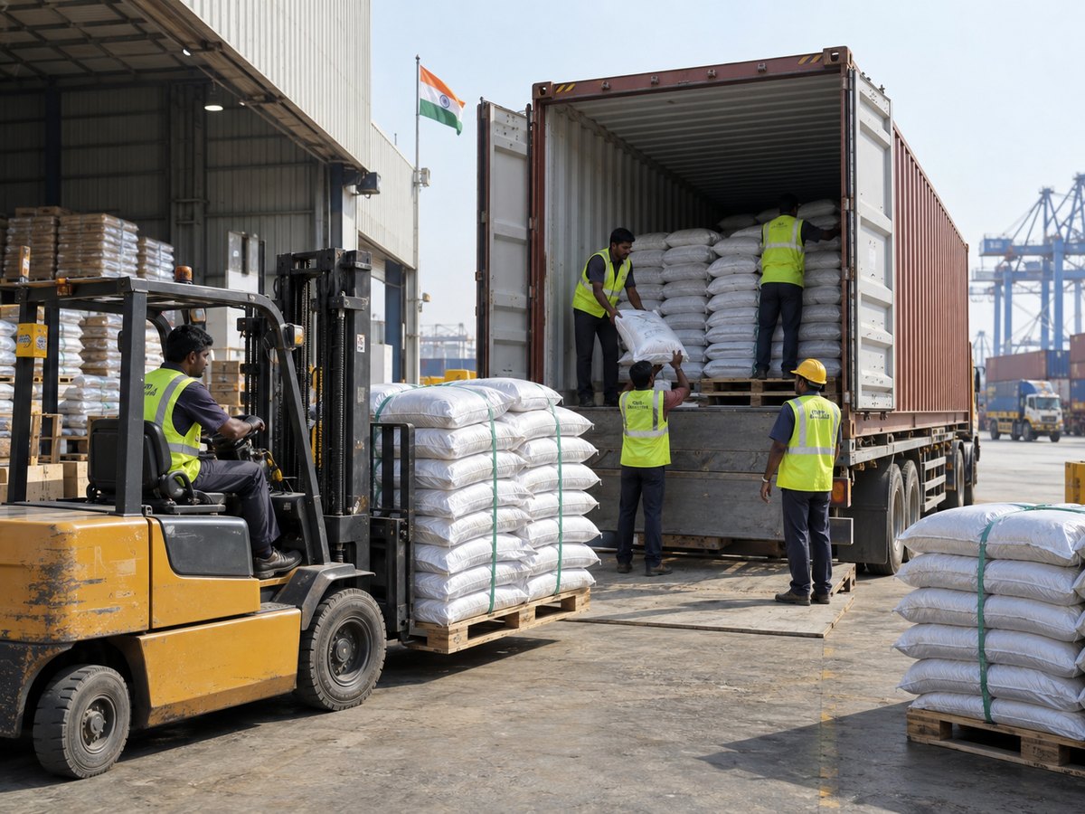 Packed vermicompost sacks being loaded for export